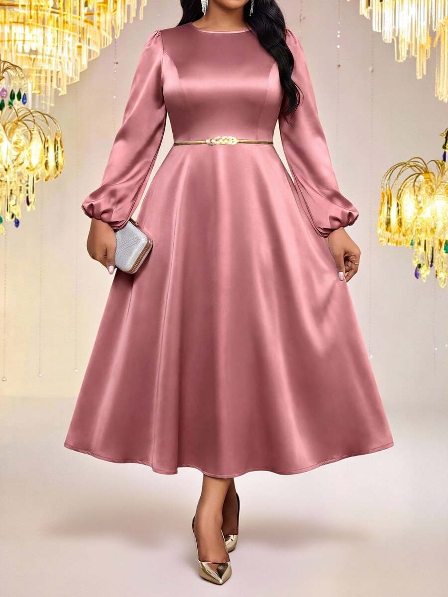 Fleurora Spring And Summer Elegant Plus Size Long Sleeve A Line Dress Bishop Sleeve - Dusty Pink - View 1