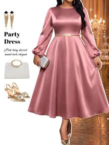 Fleurora  Spring And Summer Elegant Plus Size Long Sleeve A Line Dress Bishop Sleeve - Dusty Pink - View 5