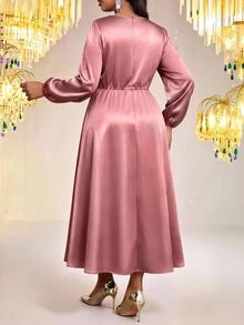 Fleurora  Spring And Summer Elegant Plus Size Long Sleeve A Line Dress Bishop Sleeve - Dusty Pink - View 2