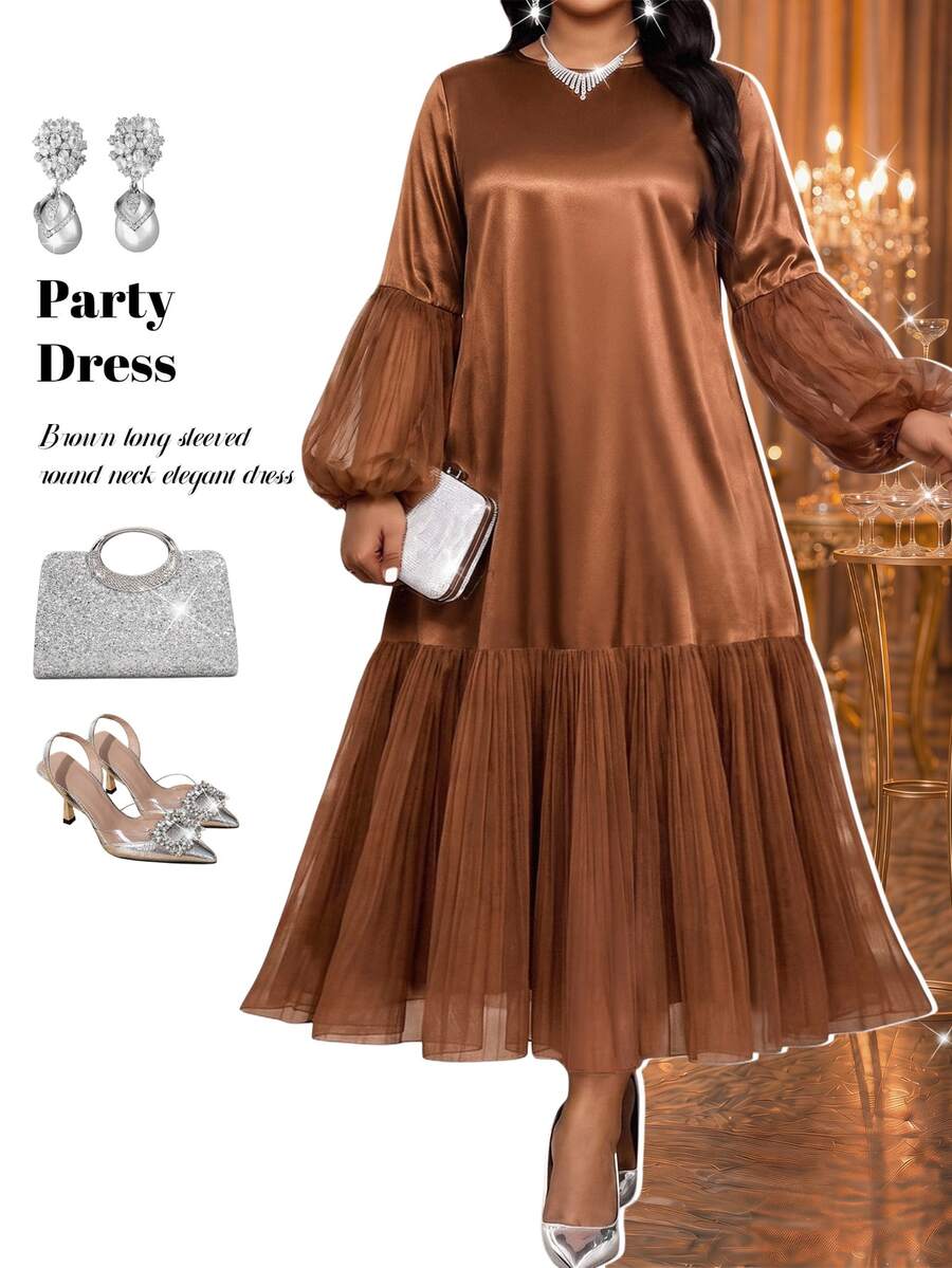 Fleurora Gaun Pesta Wanita Ukuran Besar Warna Polos Leher Bulat Lengan Panjang - Coffee Brown - View 1