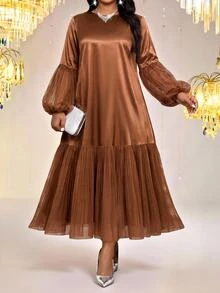 Fleurora Gaun Pesta Wanita Ukuran Besar Warna Polos Leher Bulat Lengan Panjang - Coffee Brown - View 4