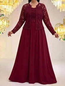 Fleurora Plus Size Women Pleated Cami Dress & Cardigan Casual 2pcs Set - Burgundy - View 5