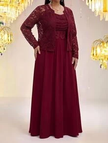 Fleurora Plus Size Women Pleated Cami Dress & Cardigan Casual 2pcs Set - Burgundy - View 6