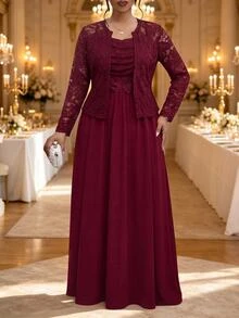 Fleurora Plus Size Women Pleated Cami Dress & Cardigan Casual 2pcs Set - Burgundy - View 1