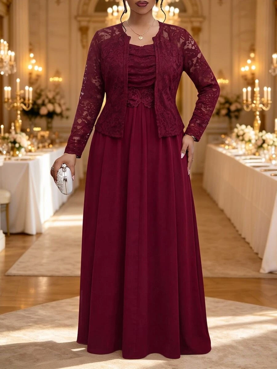 Fleurora Plus Size Women Pleated Cami Dress & Cardigan Casual 2pcs Set - Burgundy - View 1