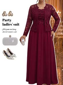 Fleurora Plus Size Women Pleated Cami Dress & Cardigan Casual 2pcs Set - Burgundy - View 7
