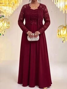 Fleurora Plus Size Women Pleated Cami Dress & Cardigan Casual 2pcs Set - Burgundy - View 4