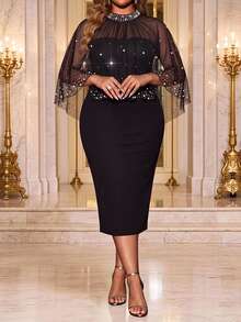 Fleurora Women's Plus Size Slim Fit High Waist Dress Wedding Dinner Formal Evening Black Autumn Casual Elegant - Black - View 1