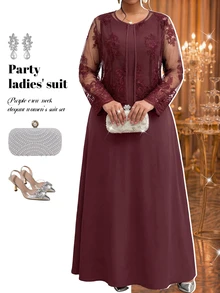 Fleurora Plus Size Women Solid Color Round Neck Wide Strap Waist-Cinching Maxi Dress With Floral Embroidered Lace Cardigan 2 Pieces Set - Purple - View 6