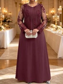 Fleurora Plus Size Women Solid Color Round Neck Wide Strap Waist-Cinching Maxi Dress With Floral Embroidered Lace Cardigan 2 Pieces Set - Purple - View 5