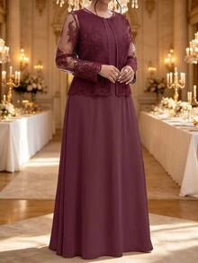 Fleurora Plus Size Women Solid Color Round Neck Wide Strap Waist-Cinching Maxi Dress With Floral Embroidered Lace Cardigan 2 Pieces Set - Purple - View 4