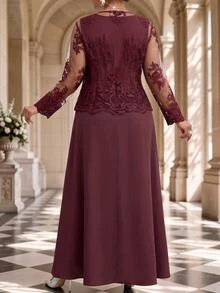 Fleurora Plus Size Women Solid Color Round Neck Wide Strap Waist-Cinching Maxi Dress With Floral Embroidered Lace Cardigan 2 Pieces Set - Purple - View 3