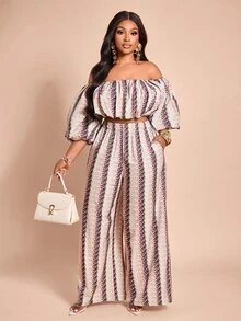 Brilight Cold Shoulder Puff Sleeve Beige Print Crop Top Wide Leg Pants 2 Pieces Matching Set Summer Tropical European Night Out Sexy Vacation - Multicolor - View 5