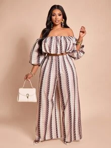 Brilight Cold Shoulder Puff Sleeve Beige Print Crop Top Wide Leg Pants 2 Pieces Matching Set Summer Tropical European Night Out Sexy Vacation - Multicolor - View 6