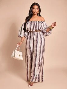 Brilight Cold Shoulder Puff Sleeve Beige Print Crop Top Wide Leg Pants 2 Pieces Matching Set Summer Tropical European Night Out Sexy Vacation - Multicolor - View 7