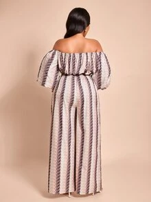 Brilight Cold Shoulder Puff Sleeve Beige Print Crop Top Wide Leg Pants 2 Pieces Matching Set Summer Tropical European Night Out Sexy Vacation - Multicolor - View 2