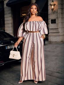 Brilight Cold Shoulder Puff Sleeve Beige Print Crop Top Wide Leg Pants 2 Pieces Matching Set Summer Tropical European Night Out Sexy Vacation - Multicolor - View 1
