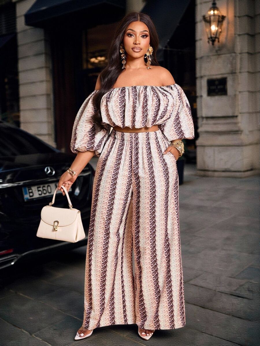 Brilight Cold Shoulder Puff Sleeve Beige Print Crop Top Wide Leg Pants 2 Pieces Matching Set Summer Tropical European Night Out Sexy Vacation - Multicolor - View 1