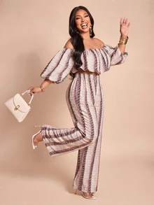 Brilight Cold Shoulder Puff Sleeve Beige Print Crop Top Wide Leg Pants 2 Pieces Matching Set Summer Tropical European Night Out Sexy Vacation - Multicolor - View 3