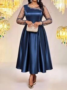Fleurora Plus Size Women's Patchwork Rhinestone Mesh Long Sleeve Elegant Dress - Blue - View 6