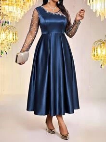 Fleurora Plus Size Women's Patchwork Rhinestone Mesh Long Sleeve Elegant Dress - Blue - View 5
