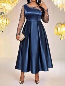 Fleurora Plus Size Women's Patchwork Rhinestone Mesh Long Sleeve Elegant Dress - Blue - View 4