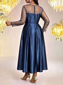 Fleurora Plus Size Women's Patchwork Rhinestone Mesh Long Sleeve Elegant Dress - Blue - View 2