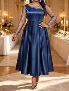 Fleurora Plus Size Women's Patchwork Rhinestone Mesh Long Sleeve Elegant Dress - Blue - View 3