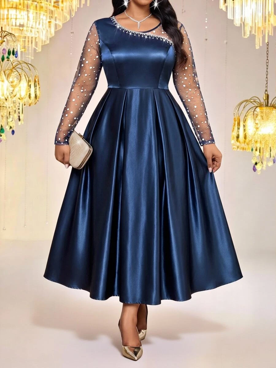 Fleurora Plus Size Women's Patchwork Rhinestone Mesh Long Sleeve Elegant Dress - Blue - View 1