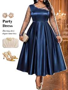 Fleurora Plus Size Women's Patchwork Rhinestone Mesh Long Sleeve Elegant Dress - Blue - View 7