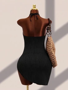 SHEIN Swim 女士純色露背一件式泳裝和肩帶泳裙套裝，2件 - 黑色 - 查看 2