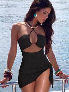 SHEIN Swim 女士純色露背一件式泳裝和肩帶泳裙套裝，2件 - 黑色 - 查看 3