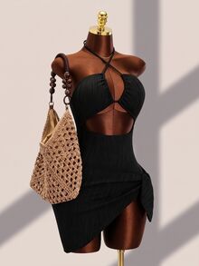 SHEIN Swim 女士純色露背一件式泳裝和肩帶泳裙套裝，2件 - 黑色 - 查看 6