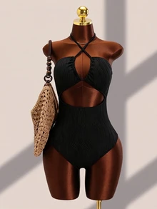 SHEIN Swim 女士純色露背一件式泳裝和肩帶泳裙套裝，2件 - 黑色 - 查看 7