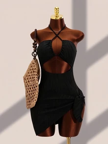 SHEIN Swim 女士純色露背一件式泳裝和肩帶泳裙套裝，2件 - 黑色 - 查看 5