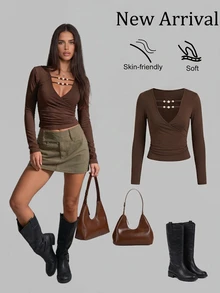 SHEIN Sweetro Atasan Wanita Model V-Neck dengan Hiasan Manik-Manik - Coklat - View 7