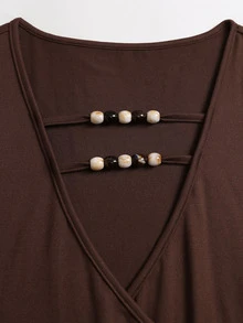 SHEIN Sweetro Atasan Wanita Model V-Neck dengan Hiasan Manik-Manik - Coklat - View 5
