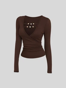 SHEIN Sweetro Atasan Wanita Model V-Neck dengan Hiasan Manik-Manik - Coklat - View 1