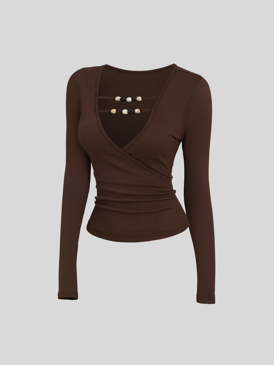 SHEIN Sweetro Atasan Wanita Model V-Neck dengan Hiasan Manik-Manik - Coklat - View 1