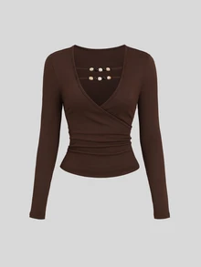 SHEIN Sweetro Atasan Wanita Model V-Neck dengan Hiasan Manik-Manik - Coklat - View 3