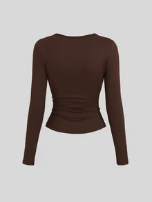 SHEIN Sweetro Atasan Wanita Model V-Neck dengan Hiasan Manik-Manik - Coklat - View 2