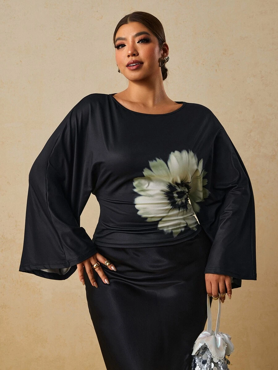 Travachic CURVE+ Black White Floral Print Round Neck Flare Sleeve ...