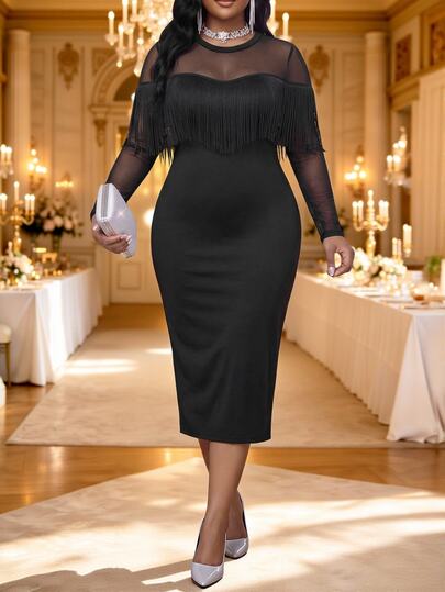 Fleurora Plus Size Women Solid Color Contrast Mesh Tassel Design Slim Fit Elegant Dress Cocktail Clubbing Date Night Party Dinner Black Autumn Fringe Dress