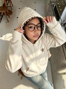 SHEIN Sparklyn (Tween Girl) 可愛甜美度假休閒百搭花朵蝴蝶結印花雙層連帽拉鍊前口袋寬鬆外套，秋冬款 - 杏色 - 查看 5