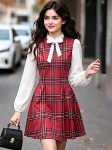 SHEIN 青少年女孩校園風可拆卸蝴蝶結格紋洋裝，適合休閒日常外出、街頭穿搭、學校、返校季，秋冬款 - 紅色 - 查看 3