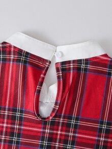 SHEIN 青少年女孩校園風可拆卸蝴蝶結格紋洋裝，適合休閒日常外出、街頭穿搭、學校、返校季，秋冬款 - 紅色 - 查看 9