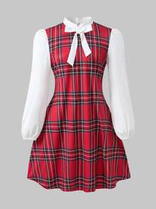 SHEIN 青少年女孩校園風可拆卸蝴蝶結格紋洋裝，適合休閒日常外出、街頭穿搭、學校、返校季，秋冬款 - 紅色 - 查看 11