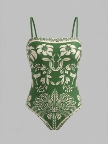 Swim Oasis 女款花卉印花度假時尚連身泳衣附短褲套裝 - 綠色 - 查看 3