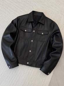 SIGLOCORE Men's PU Leather Long Sleeve Single-Breasted Jacket With Collar, For Spring, Outdoor - Black - View 2