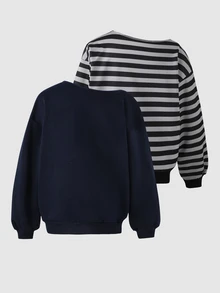 Casuvi Kids 青少年女孩秋冬保暖內裡加厚不對稱肩領衛衣，寬鬆大廓形落肩長袖套頭衫，純色與條紋休閒百搭日常通勤上衣 - 彩色 - 查看 3